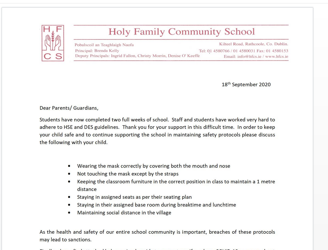 Covid 19 Guide and Letter for Parents HFCS ie